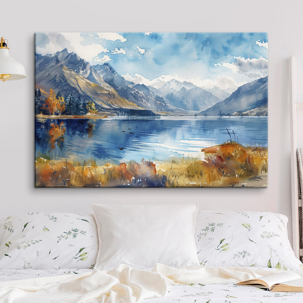 Watercolor painting of a lake surrounded by mountains and clouds