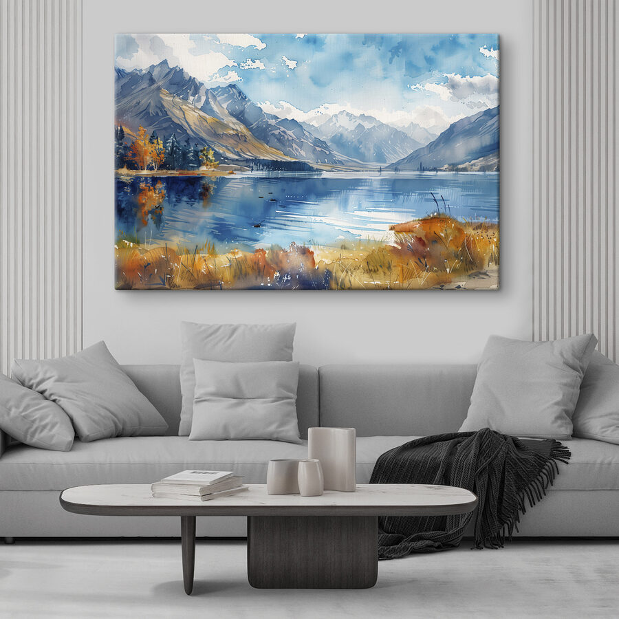 Aquarelle d'un lac entouré de montagnes et de nuages