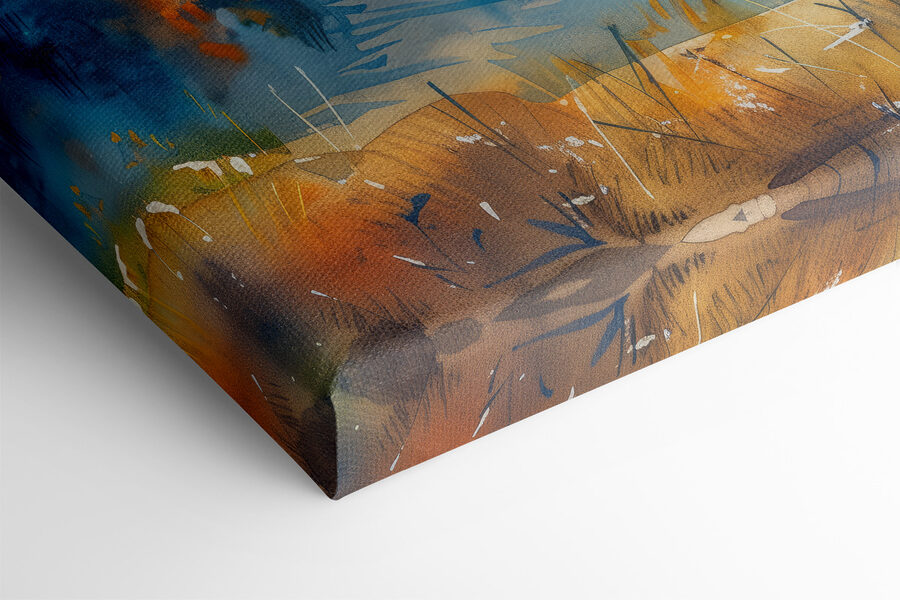 Aquarelle d'un lac entouré de montagnes et de nuages