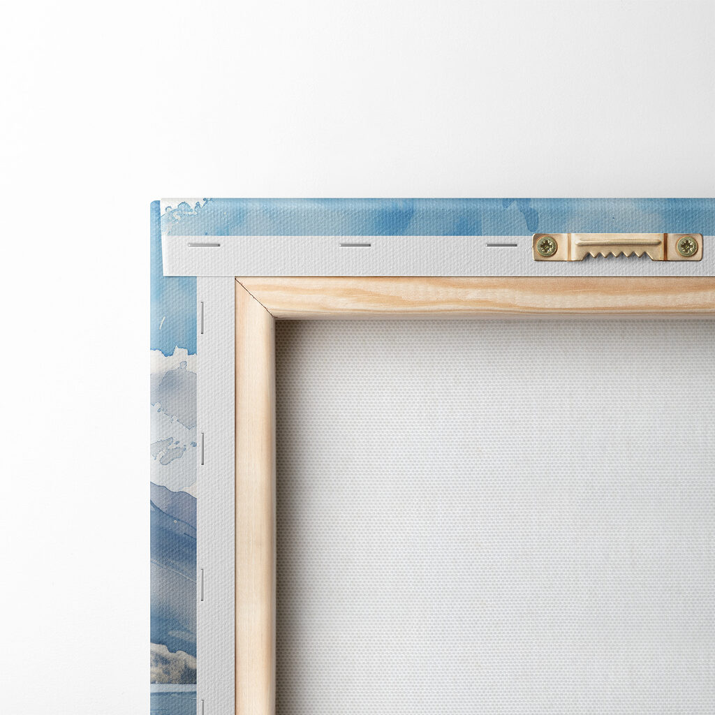 Watercolor painting of a lake surrounded by mountains and clouds