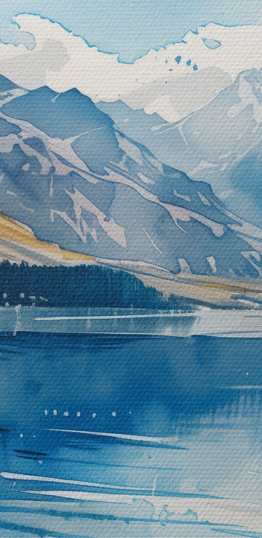 Aquarelle d'un lac entouré de montagnes et de nuages