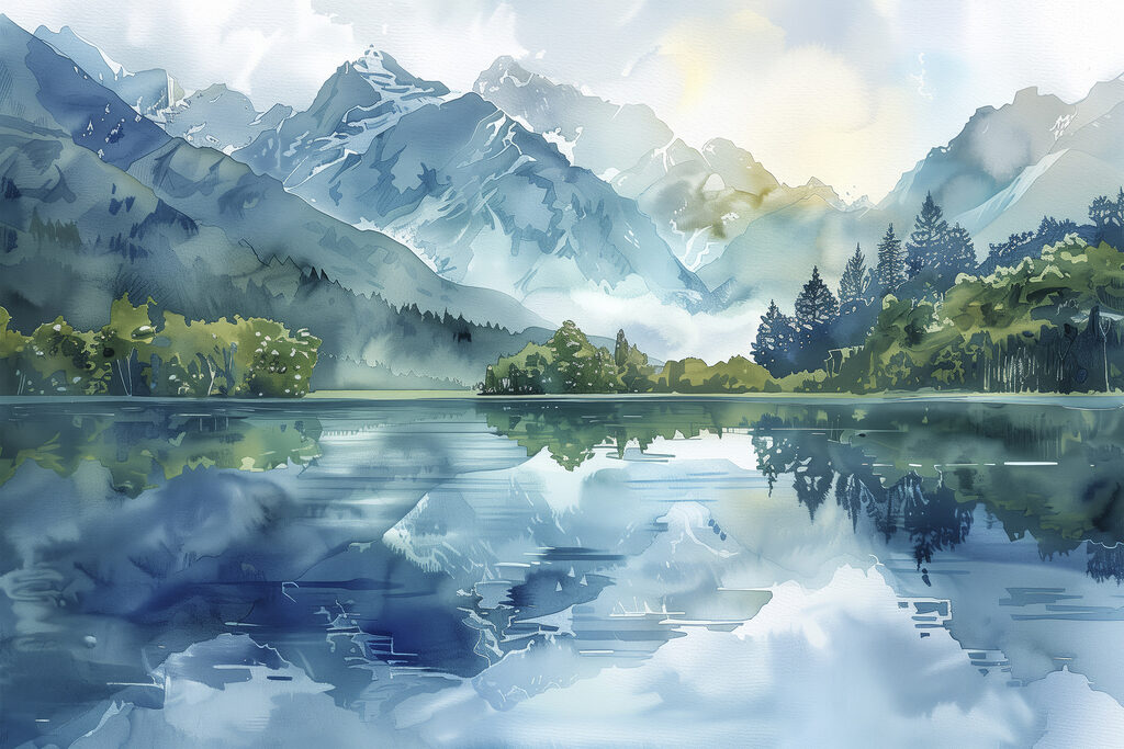 Water painting of a lake with trees and mountains in the background Water painting of a lake with trees and mountains in the background