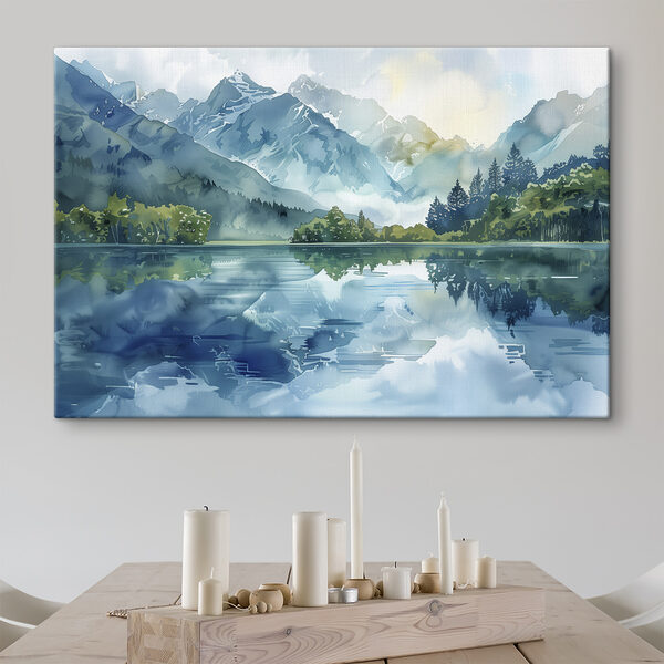 Peinture à l'eau d'un lac avec des arbres et des montagnes en arrière-plan Peinture à l'eau d'un lac avec des arbres et des montagnes en arrière-plan