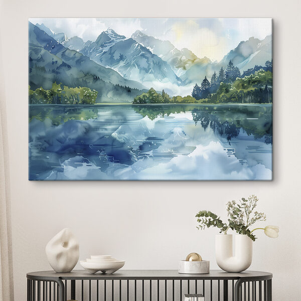 Peinture à l'eau d'un lac avec des arbres et des montagnes en arrière-plan Peinture à l'eau d'un lac avec des arbres et des montagnes en arrière-plan