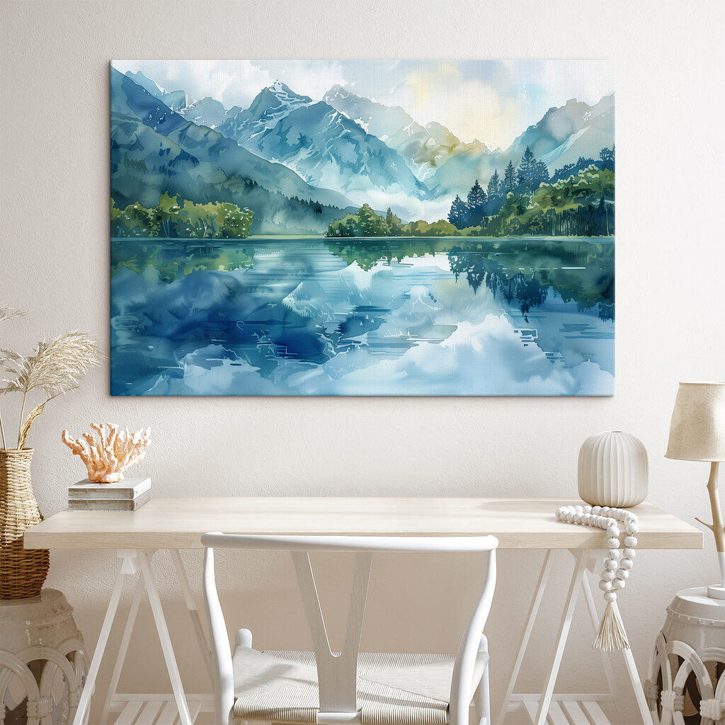 Water painting of a lake with trees and mountains in the background Water painting of a lake with trees and mountains in the background