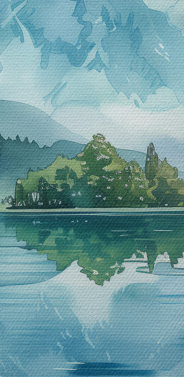 Peinture à l'eau d'un lac avec des arbres et des montagnes en arrière-plan Peinture à l'eau d'un lac avec des arbres et des montagnes en arrière-plan
