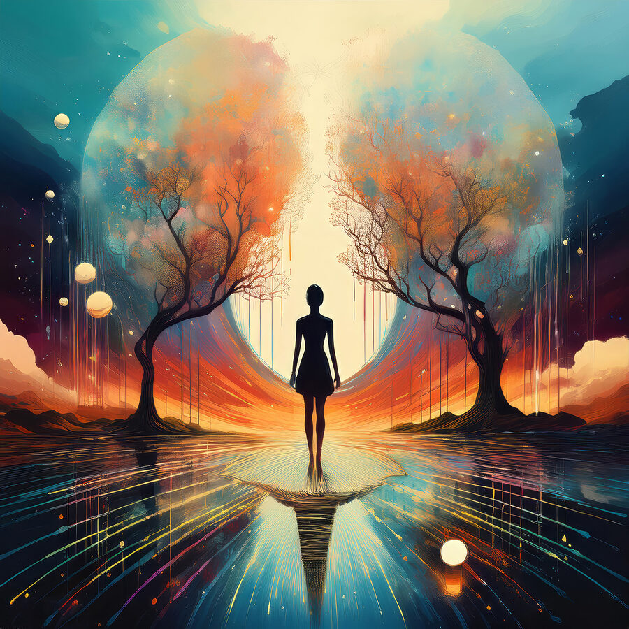 Femme debout sur une surface réfléchissante avec des arbres et une grande lune