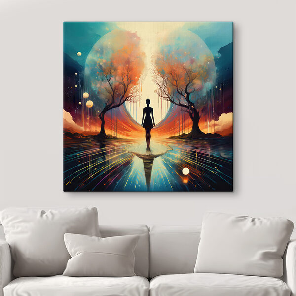 Femme debout sur une surface réfléchissante avec des arbres et une grande lune Femme debout sur une surface réfléchissante avec des arbres et une grande lune