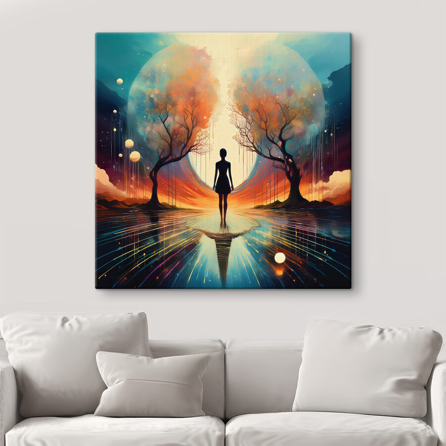 Femme debout sur une surface réfléchissante avec des arbres et une grande lune