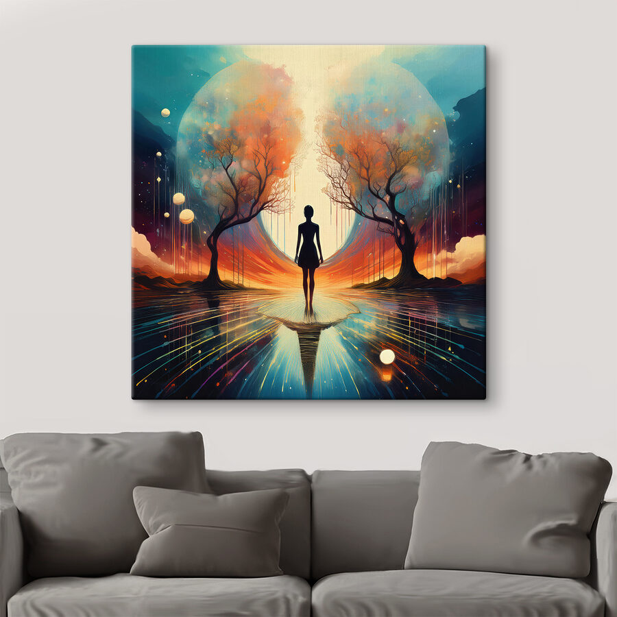 Femme debout sur une surface réfléchissante avec des arbres et une grande lune