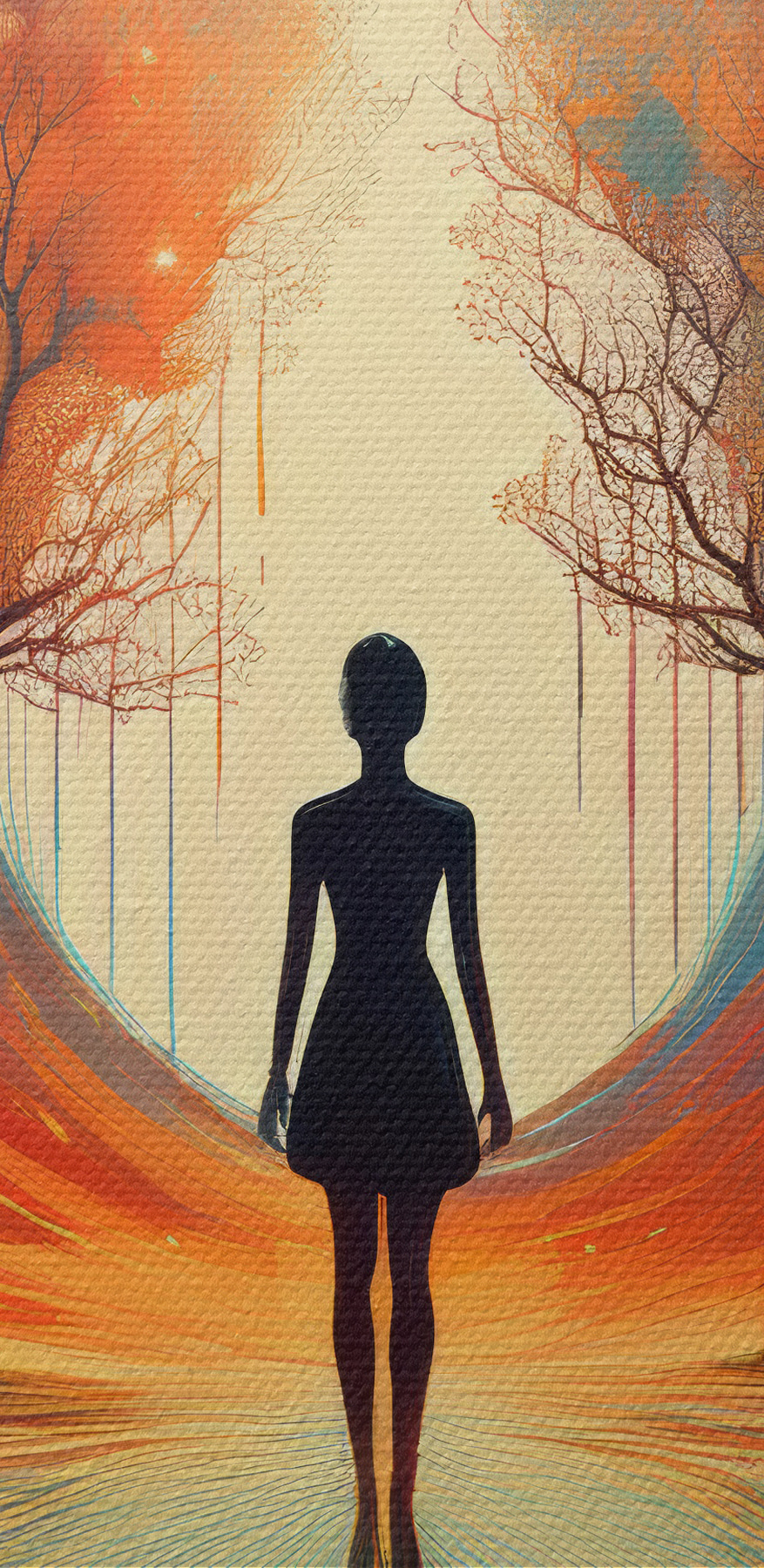 Femme debout sur une surface réfléchissante avec des arbres et une grande lune