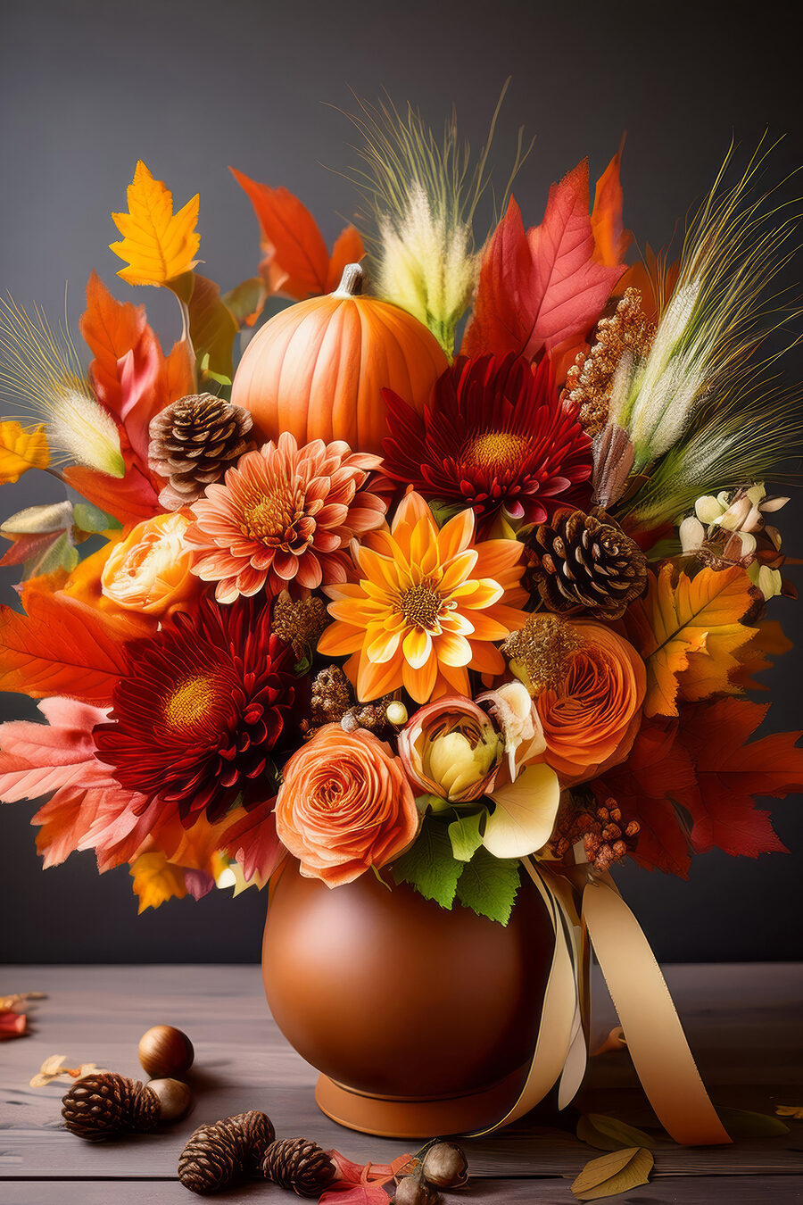 Vase de fleurs et de citrouilles