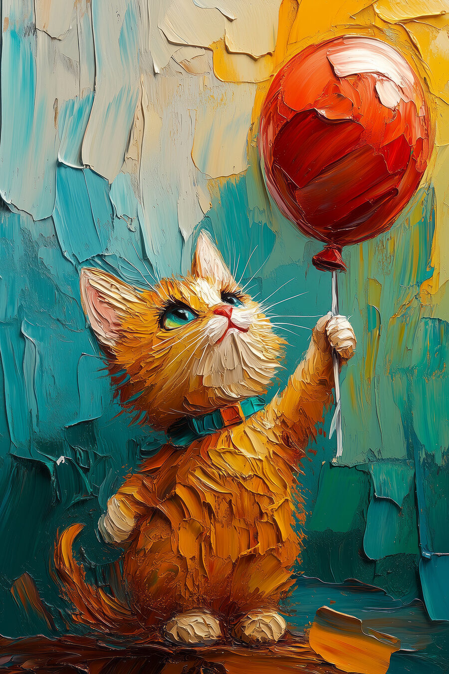 Peinture d'un chat tenant un ballon