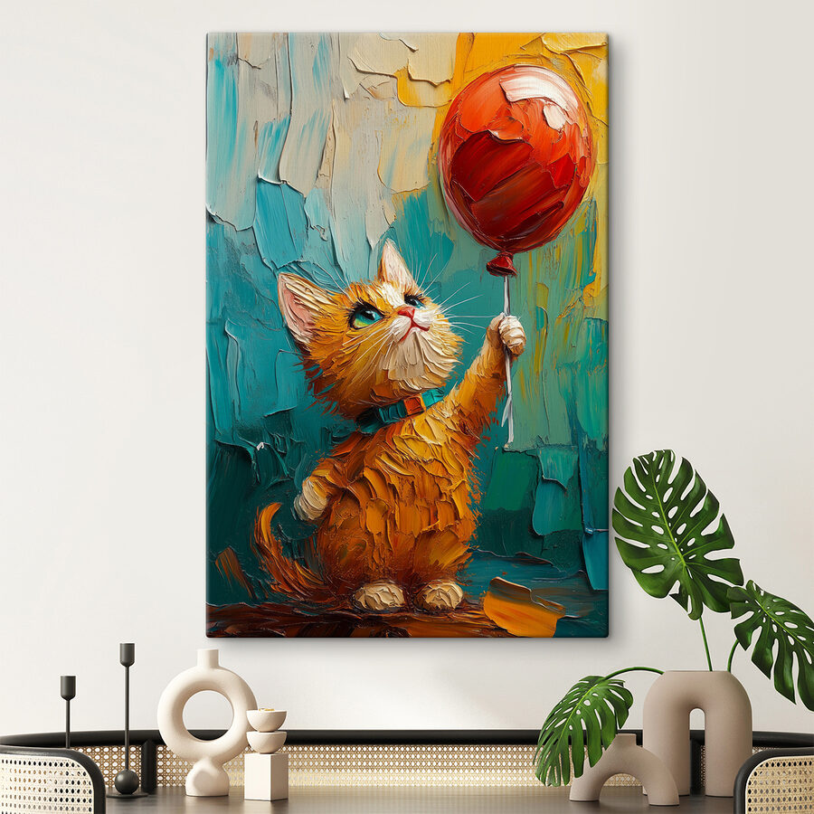 Peinture d'un chat tenant un ballon