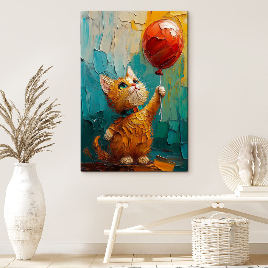 Peinture d'un chat tenant un ballon