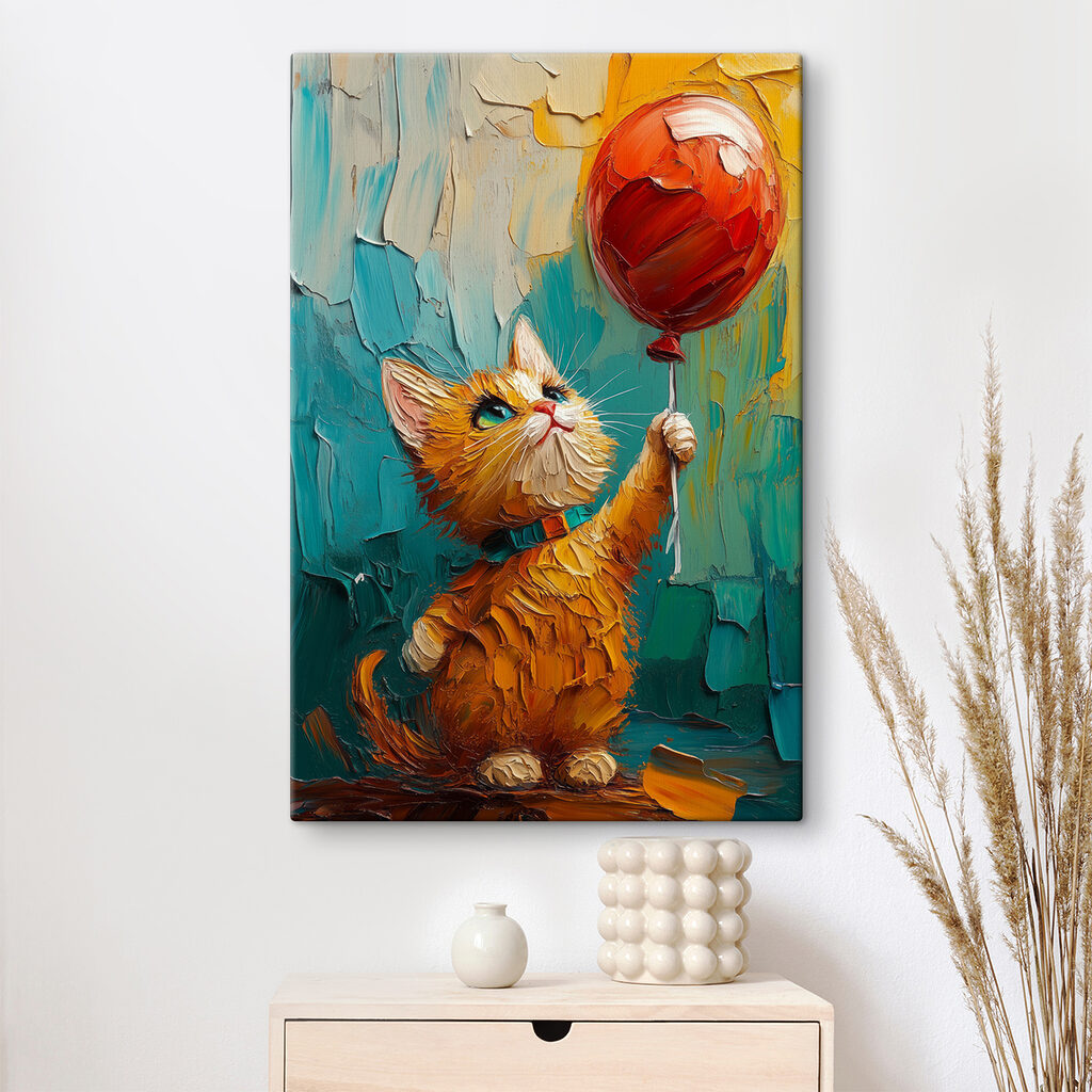 Painting of a cat holding a balloon Painting of a cat holding a balloon
