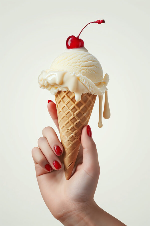 Main tenant un cornet de glace avec une cerise sur le dessus Main tenant un cornet de glace avec une cerise sur le dessus