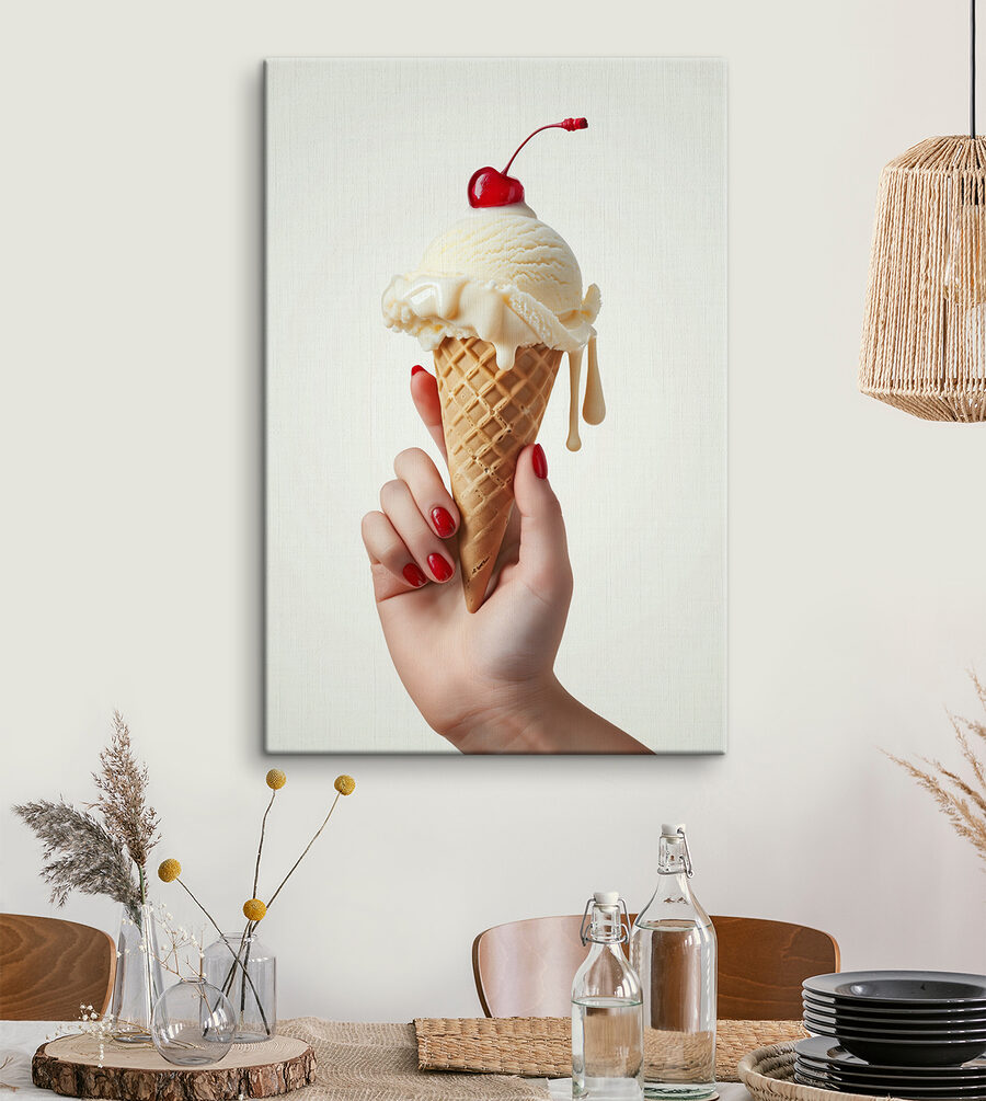 Main tenant un cornet de glace avec une cerise sur le dessus Main tenant un cornet de glace avec une cerise sur le dessus