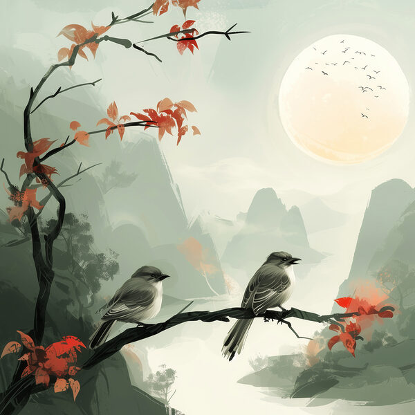 Oiseaux sur une branche avec des feuilles rouges et une pleine lune Oiseaux sur une branche avec des feuilles rouges et une pleine lune