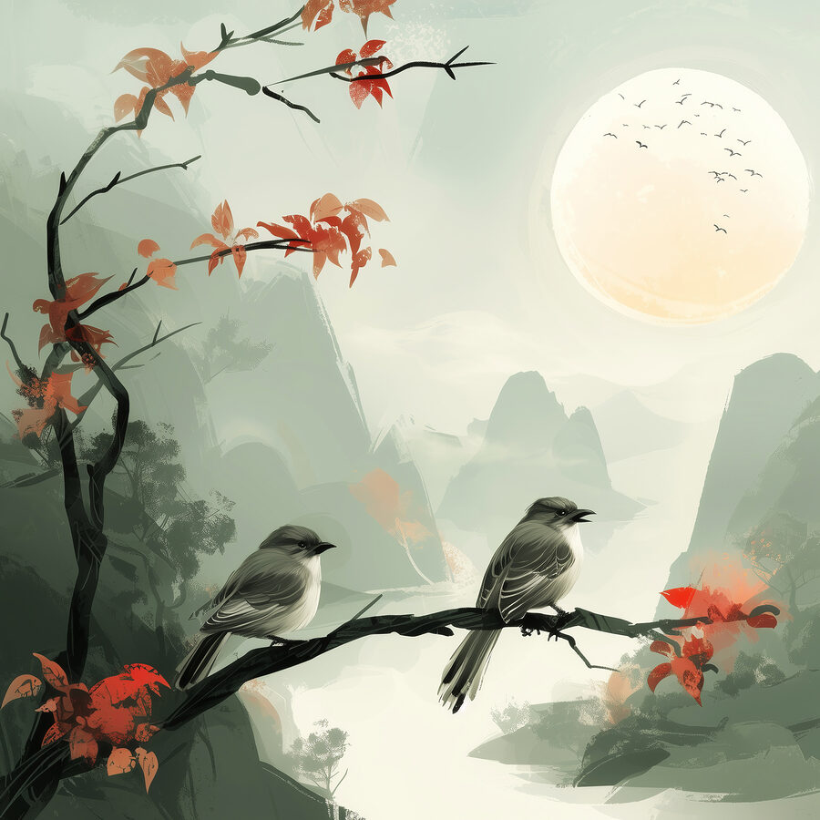 Oiseaux sur une branche avec des feuilles rouges et une pleine lune