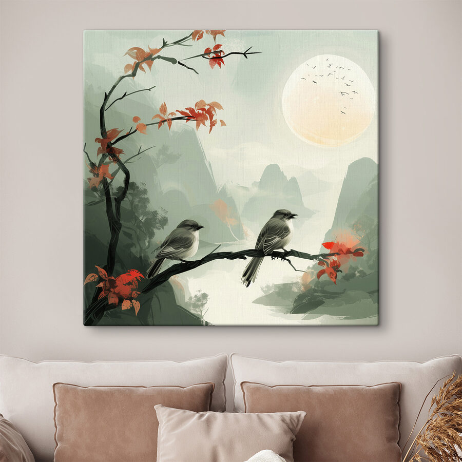 Oiseaux sur une branche avec des feuilles rouges et une pleine lune