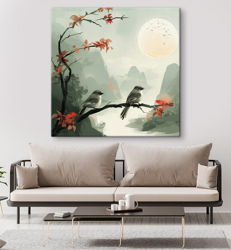 Oiseaux sur une branche avec des feuilles rouges et une pleine lune