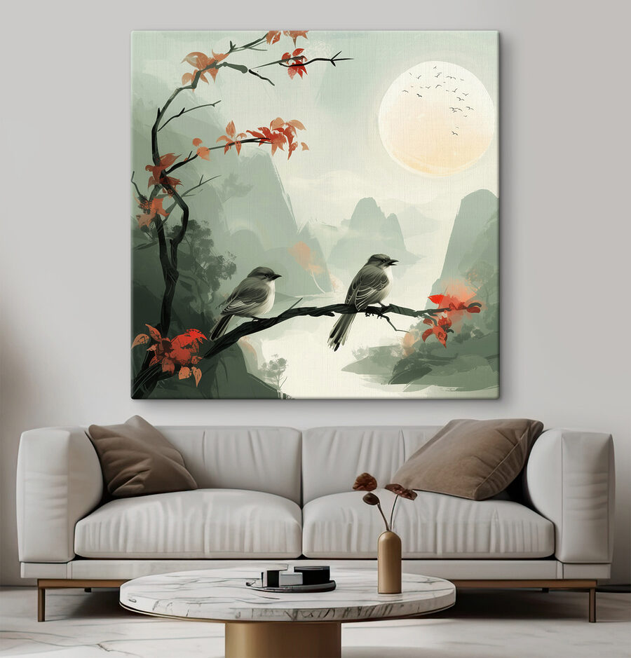 Oiseaux sur une branche avec des feuilles rouges et une pleine lune