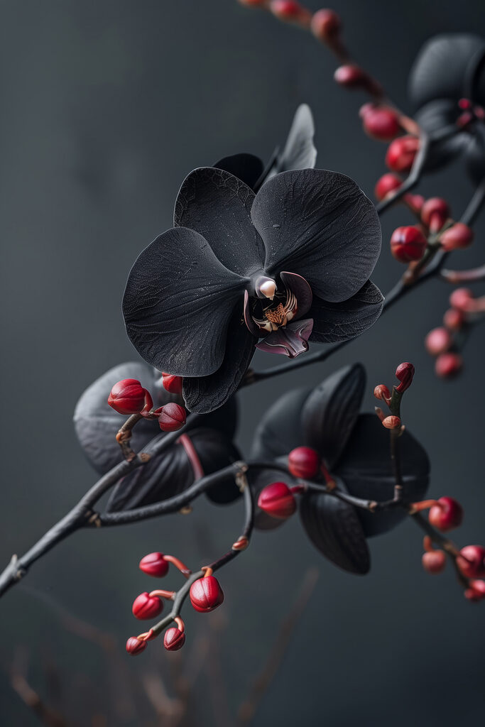 Black flower with red berries