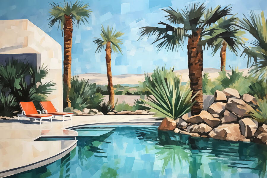 Piscine avec palmiers et chaises