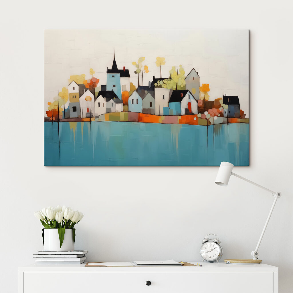 Painting of houses and trees