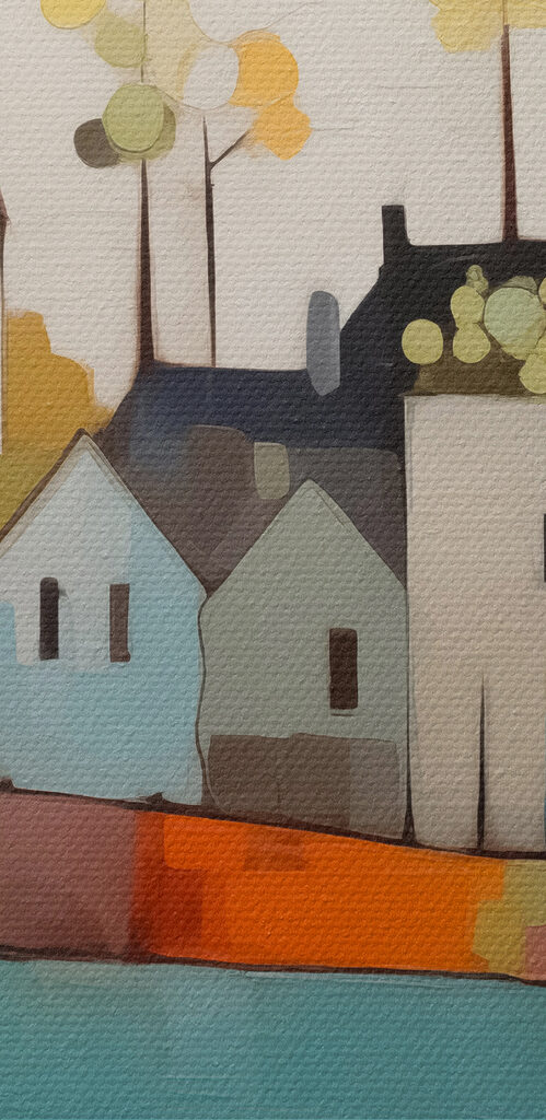 Painting of houses and trees