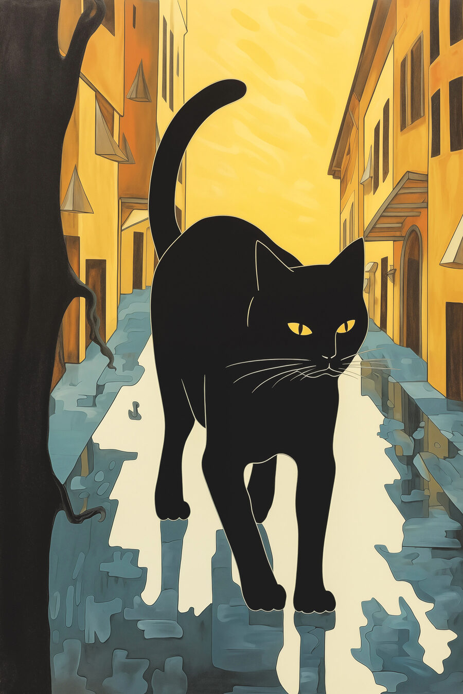 Chat noir marchant dans une rue