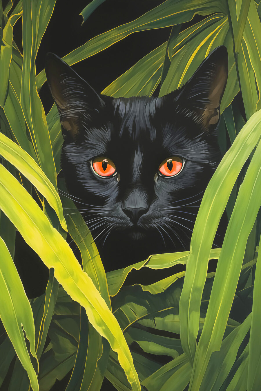 Chat noir aux yeux orange regardant à travers de grandes plantes vertes Chat noir aux yeux orange regardant à travers de grandes plantes vertes