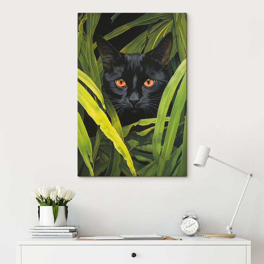 Chat noir aux yeux orange regardant à travers de grandes plantes vertes Chat noir aux yeux orange regardant à travers de grandes plantes vertes