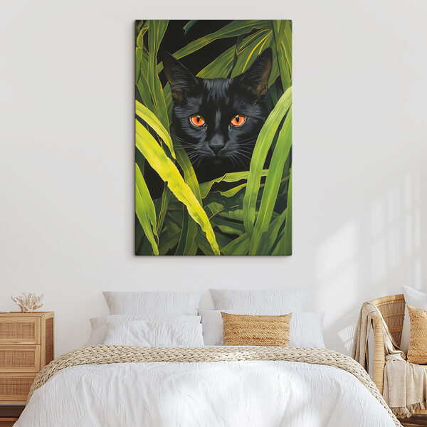 Chat noir aux yeux orange regardant à travers de grandes plantes vertes Chat noir aux yeux orange regardant à travers de grandes plantes vertes