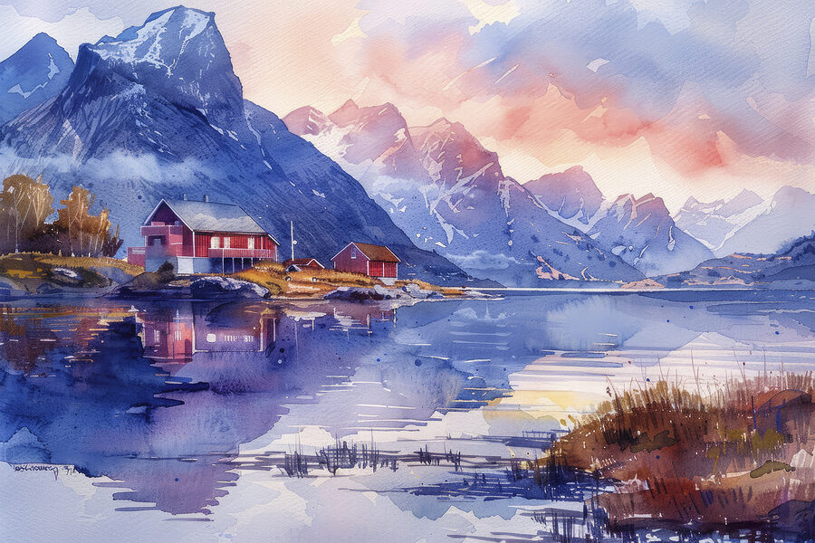 Aquarelle d'une maison sur une colline au bord d'un lac