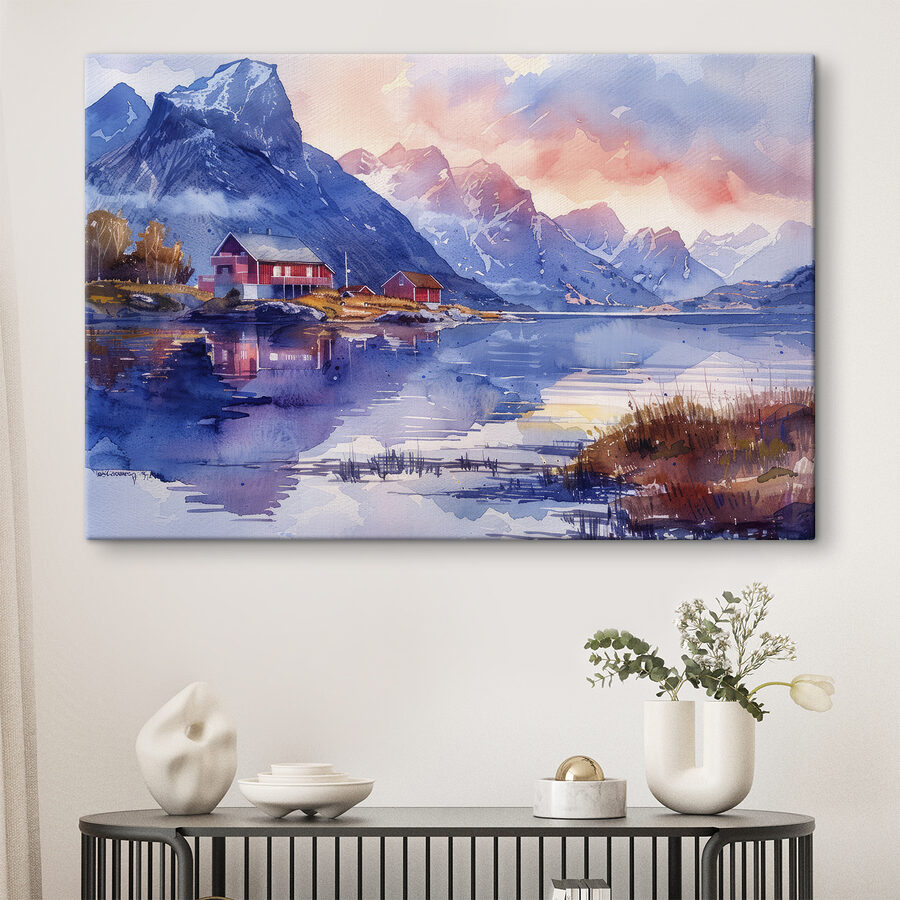 Aquarelle d'une maison sur une colline au bord d'un lac
