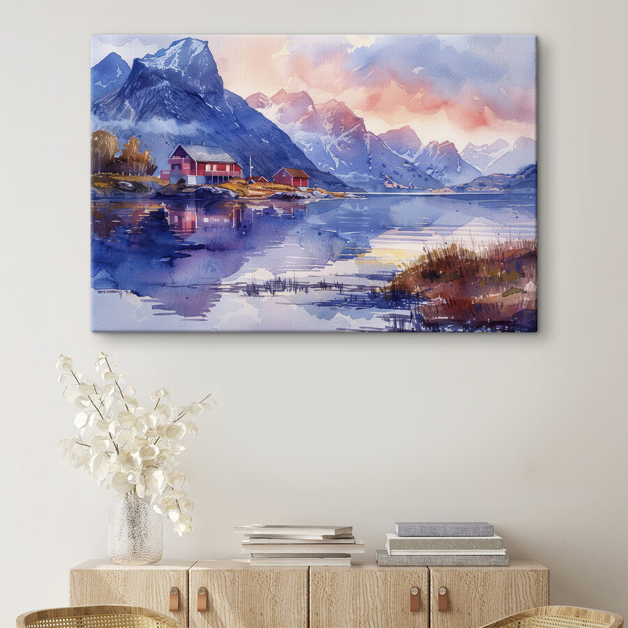Aquarelle d'une maison sur une colline au bord d'un lac