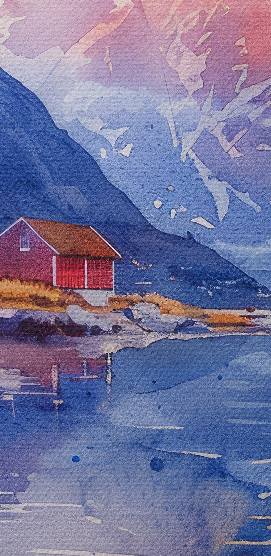 Aquarelle d'une maison sur une colline au bord d'un lac