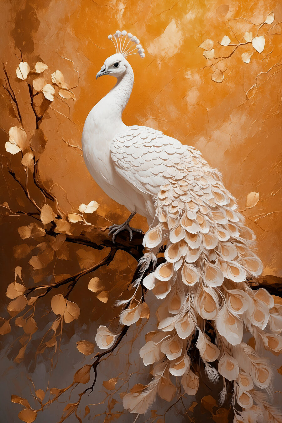Paon blanc avec plumes sur une branche