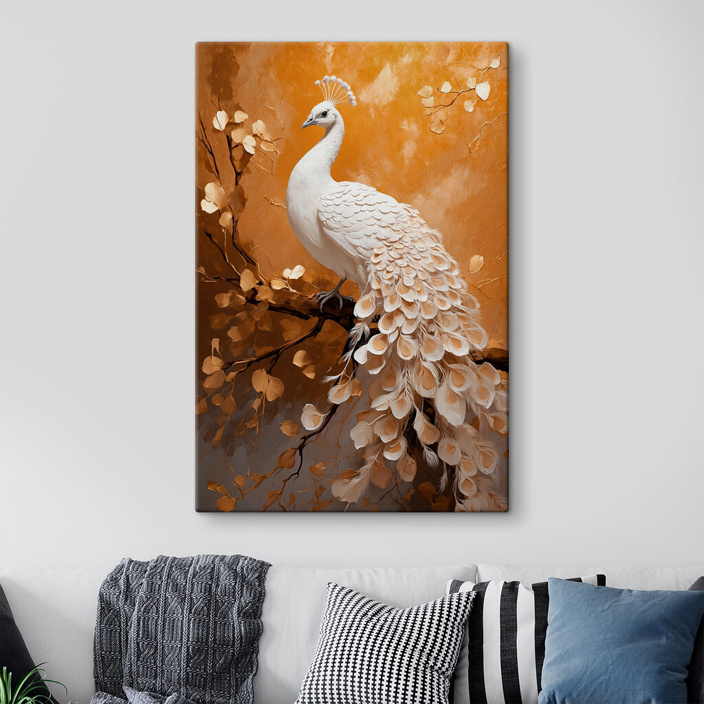 White peacock with feathers on a branch