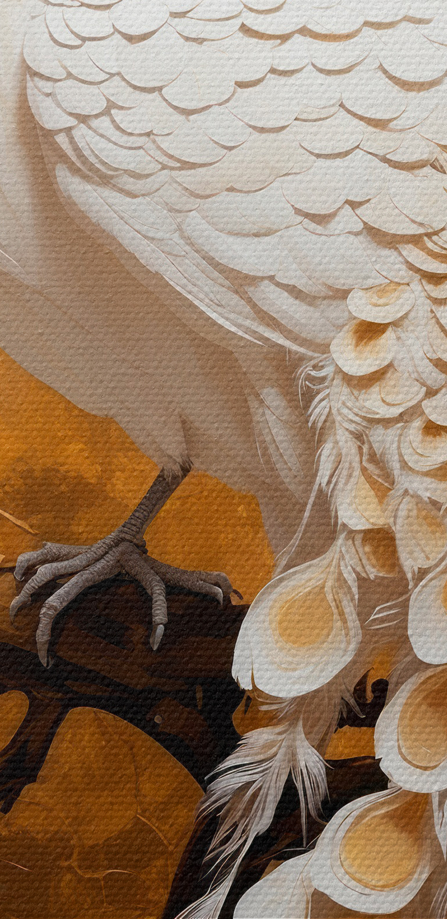 Paon blanc avec plumes sur une branche