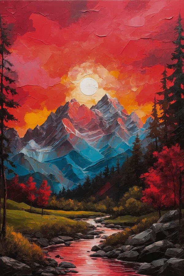 Peinture d'une chaîne de montagnes avec des arbres et une rivière Peinture d'une chaîne de montagnes avec des arbres et une rivière