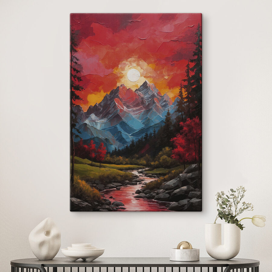Peinture d'une chaîne de montagnes avec des arbres et une rivière Peinture d'une chaîne de montagnes avec des arbres et une rivière