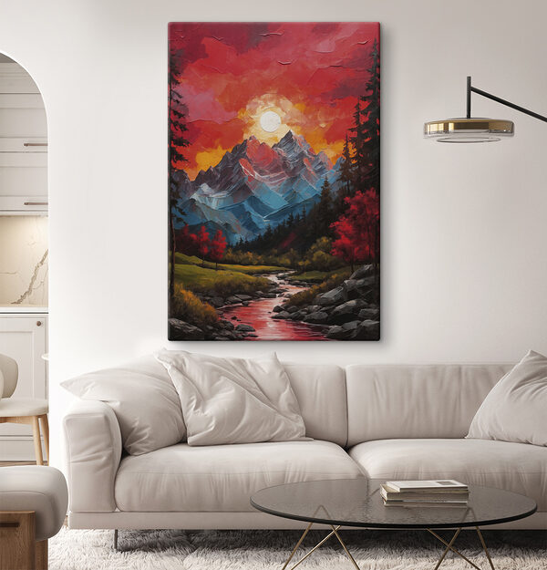 Peinture d'une chaîne de montagnes avec des arbres et une rivière Peinture d'une chaîne de montagnes avec des arbres et une rivière