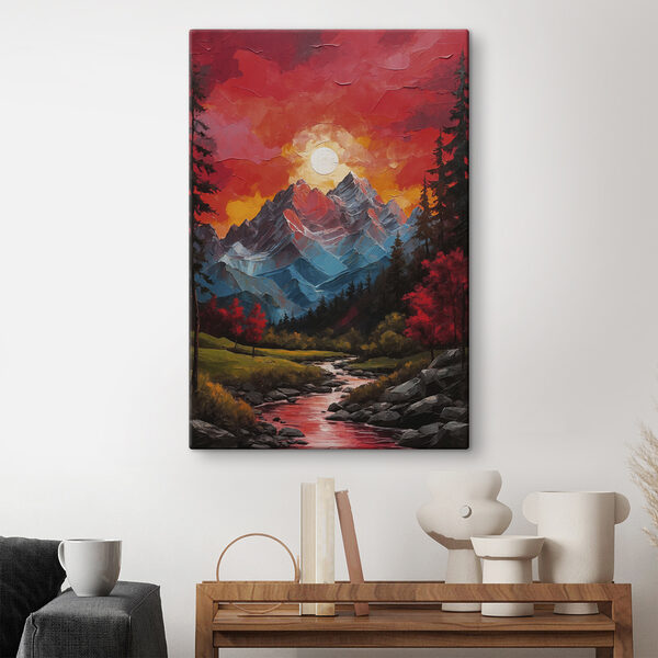 Peinture d'une chaîne de montagnes avec des arbres et une rivière Peinture d'une chaîne de montagnes avec des arbres et une rivière