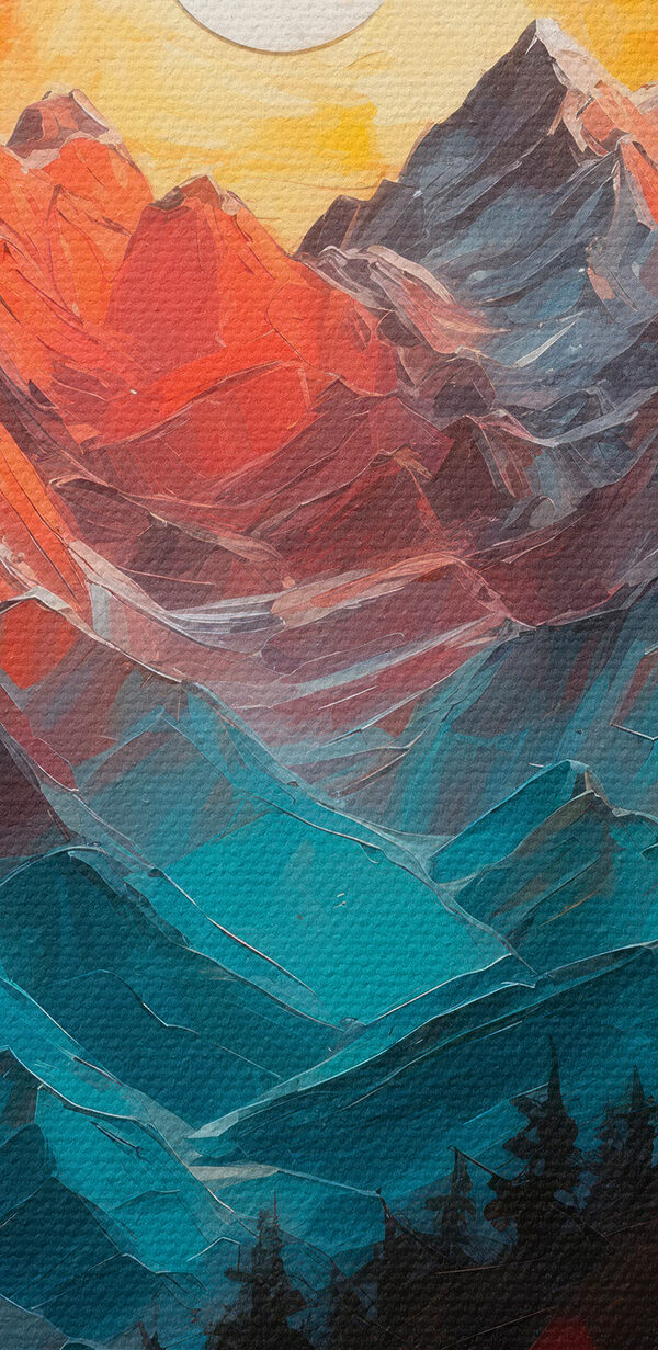 Peinture d'une chaîne de montagnes avec des arbres et une rivière Peinture d'une chaîne de montagnes avec des arbres et une rivière