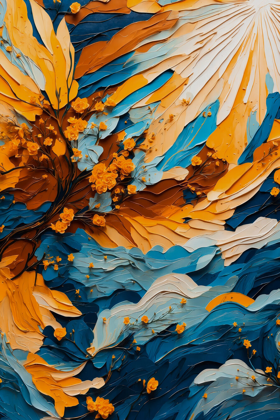 Peinture d'un arbre avec des fleurs jaunes