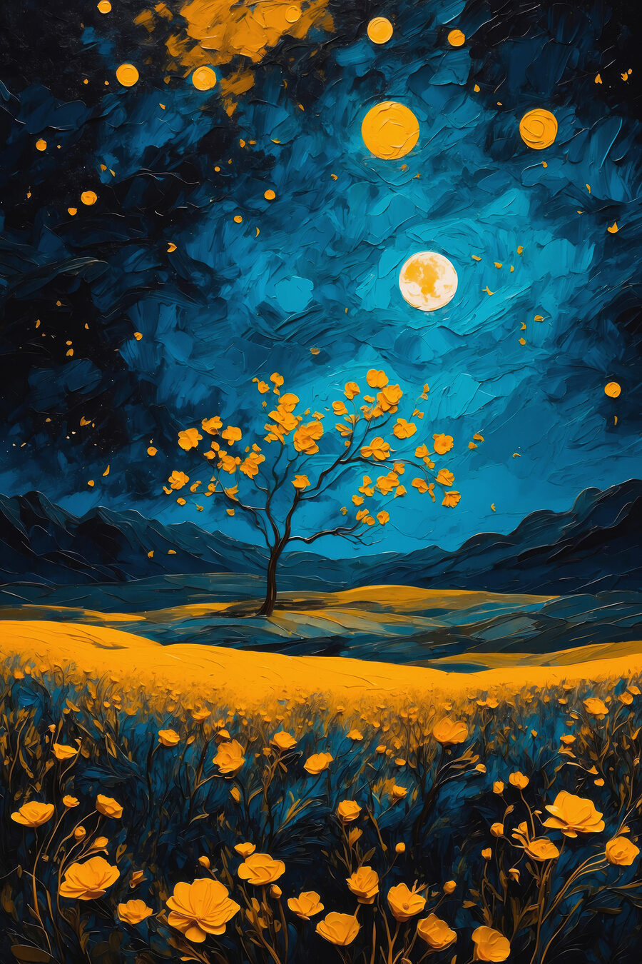 Peinture d'un arbre dans un champ de fleurs