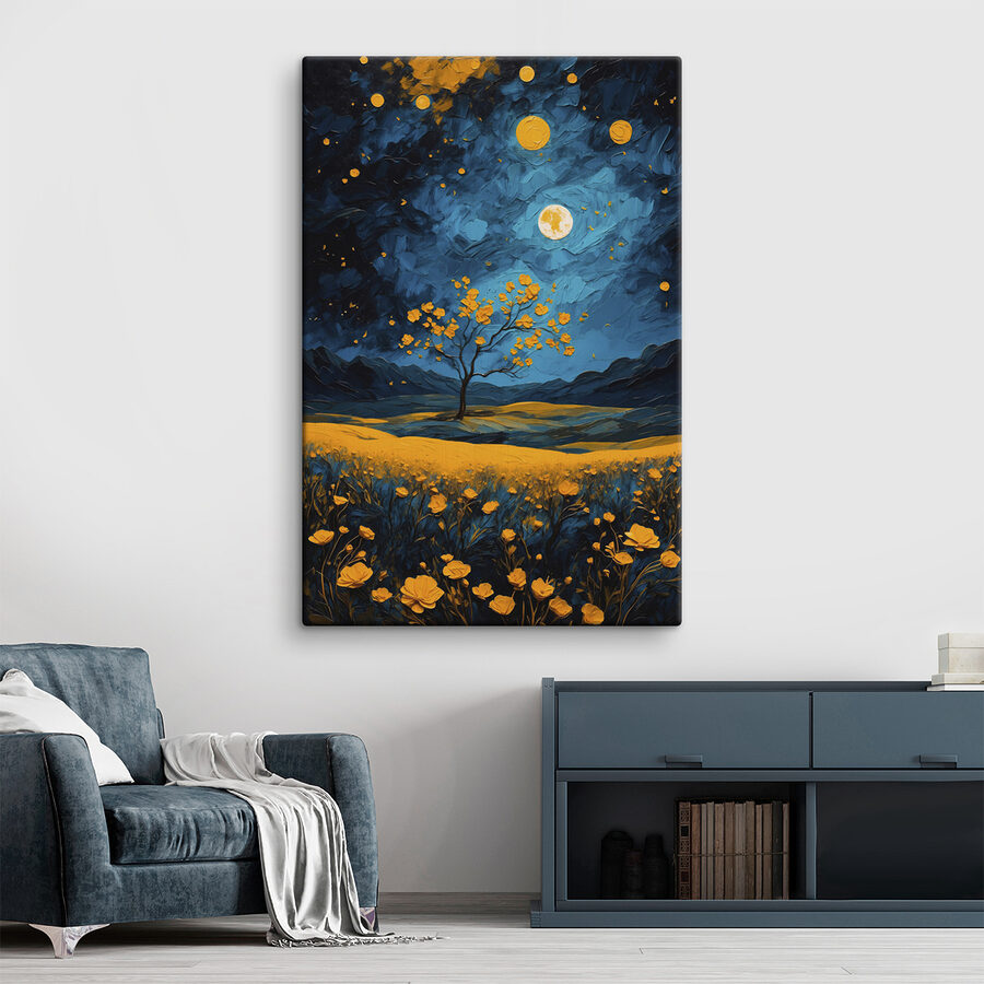 Peinture d'un arbre dans un champ de fleurs